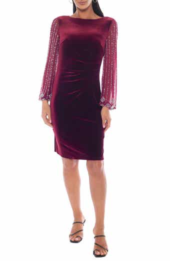 Marina Beaded Long Sleeve Velvet Sheath Dress