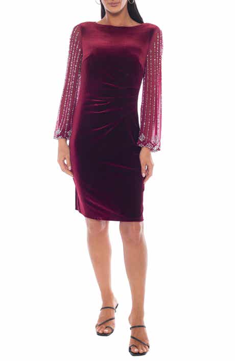 Marina Beaded Long Sleeve Velvet Sheath Dress