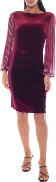 Marina Beaded Long Sleeve Velvet Sheath Dress
