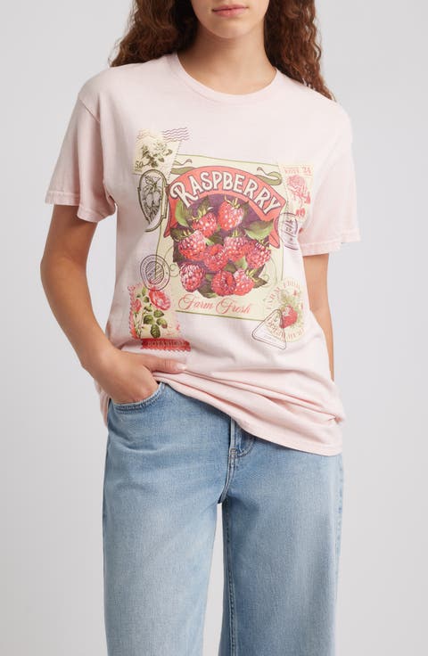 Raspberry Stamp Cotton Graphic T-Shirt
