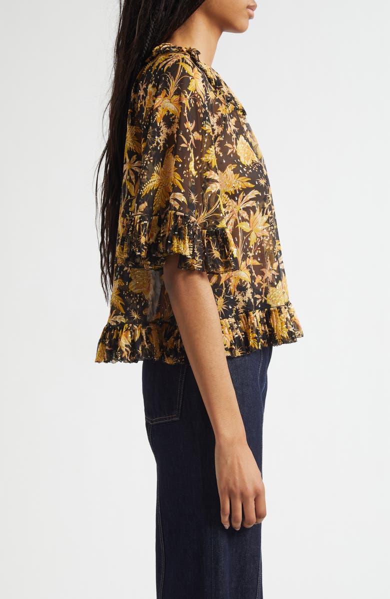 Ulla Johnson Helaine Botanical Print Metallic Flutter Sleeve Silk Blend Top, Alternate, color, Forsythia