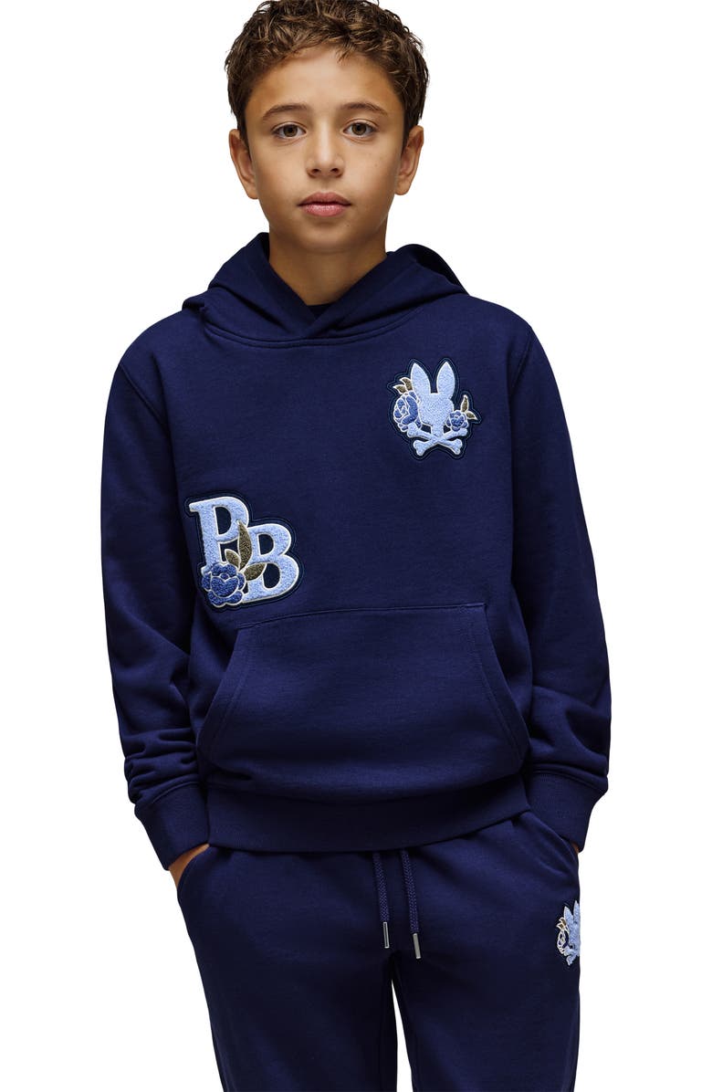 Psycho Bunny Kids' Auguste Floral Patch Hoodie, Alternate, color, Evening Blue