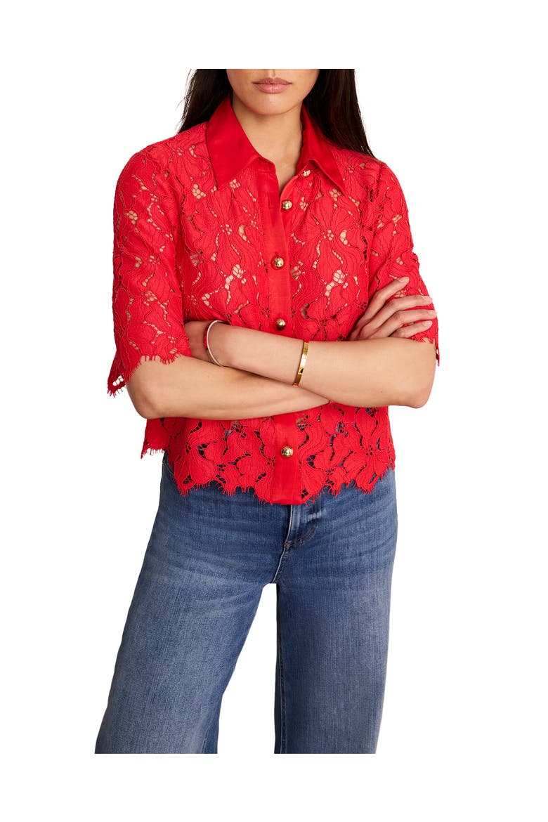 Lace Short Sleeve Cropped Shirt, Alternate, color, Red
