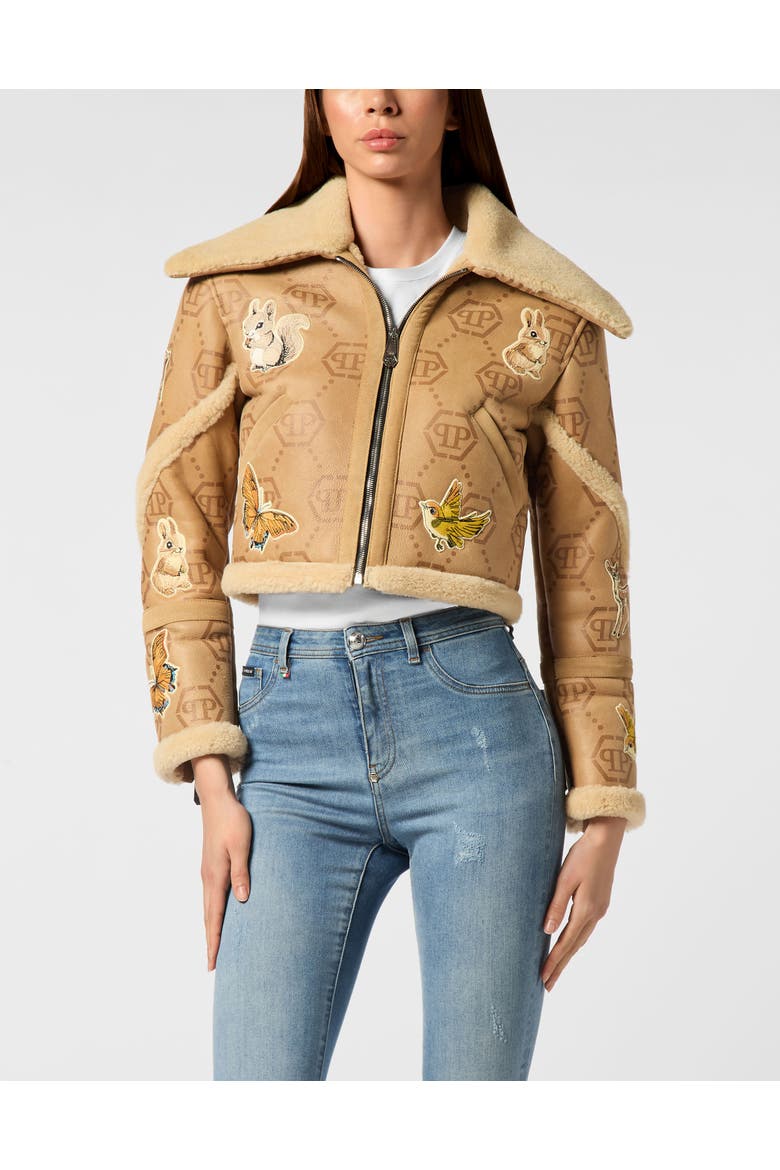 Cropped Embroidered Leather And Shearling Jacket Monogram Women, Main, color, beige