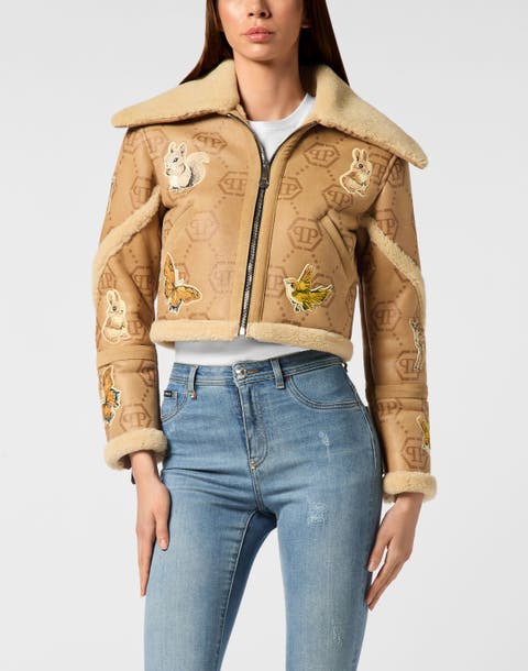 Cropped Embroidered Leather And Shearling Jacket Monogram Women