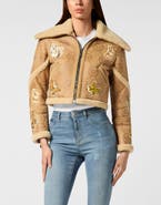 PHILIPP PLEIN Cropped Embroidered Leather And Shearling Jacket Monogram Women