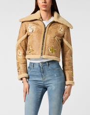 PHILIPP PLEIN Cropped Embroidered Leather And Shearling Jacket Monogram Women