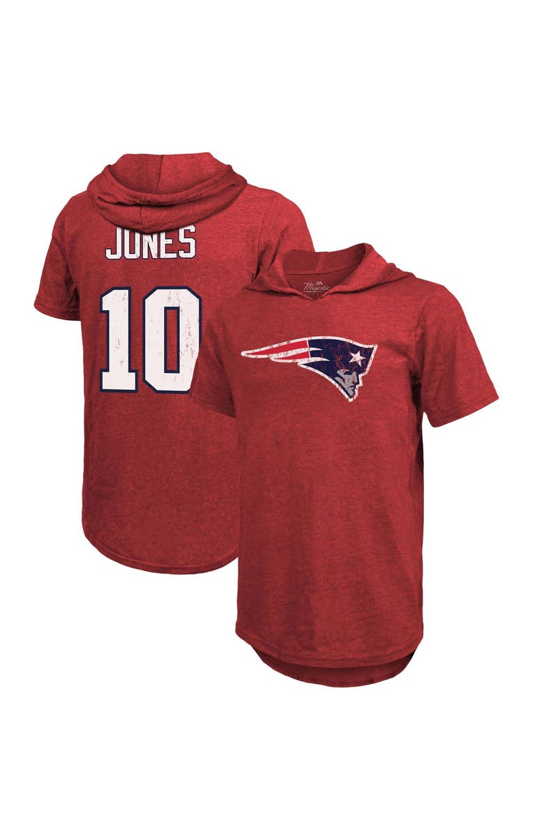 Majestic Threads Men's Fanatics Branded Mac Jones Red New England Patriots Player Name & Number Tri-Blend Short Sleeve Hoodie T-Shirt, Alternate, color,