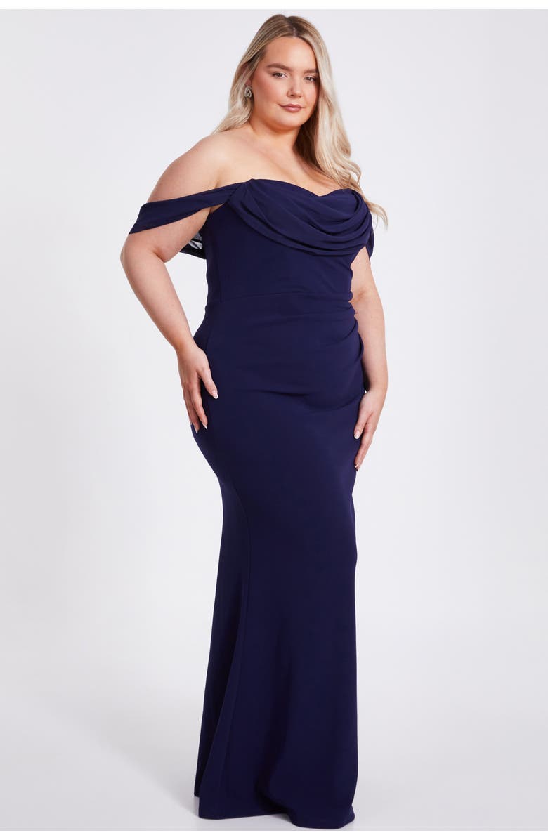 QUIZ Plus Size Scuba Crepe/Chiffon Bardot Maxi Dress, Alternate, color, Navy