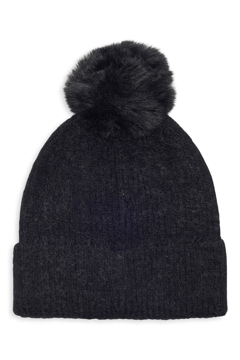 Heart Appliqué Pom Beanie, Main, color, BLACK