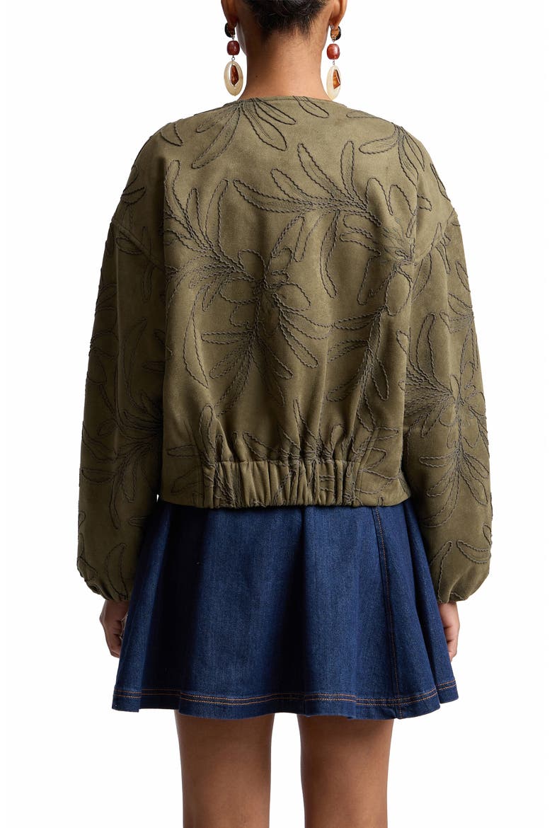 Leaf Embroidery Faux Suede Jacket, Alternate, color, FERN