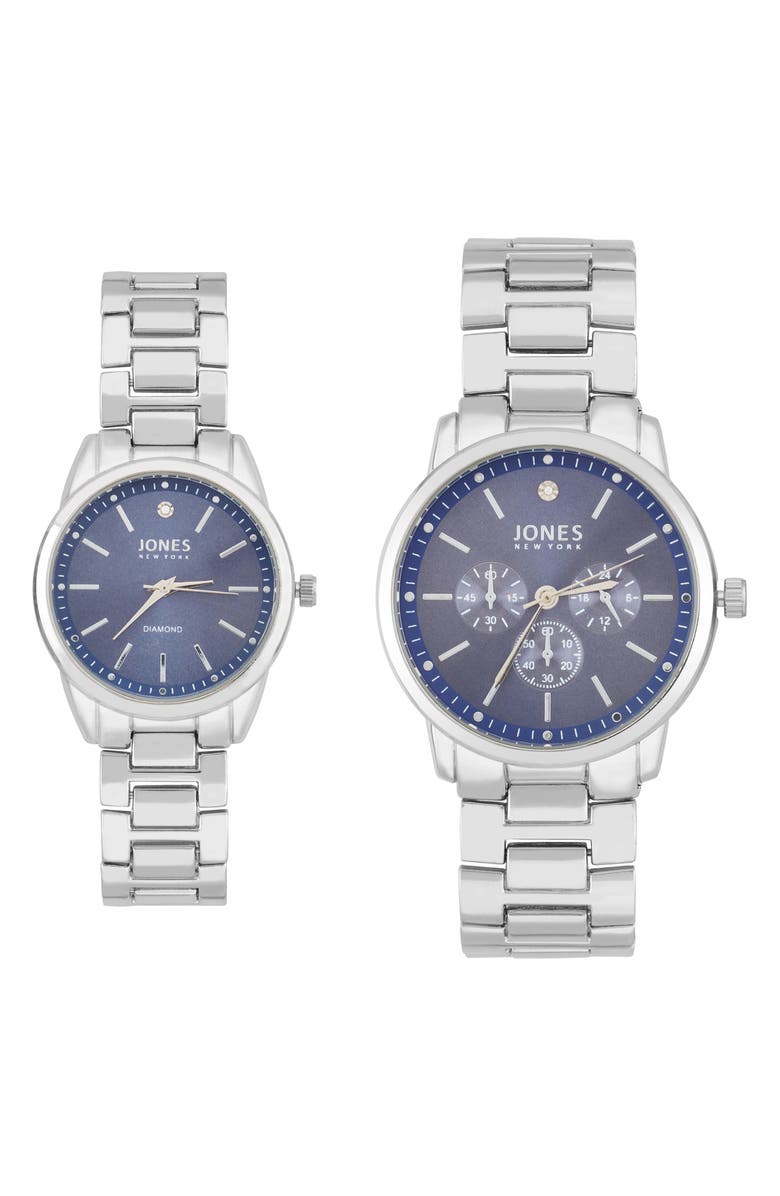 Jones New York Two-Piece Diamond Accent Bracelet Watch His & Hers Set, Main, color, Silver