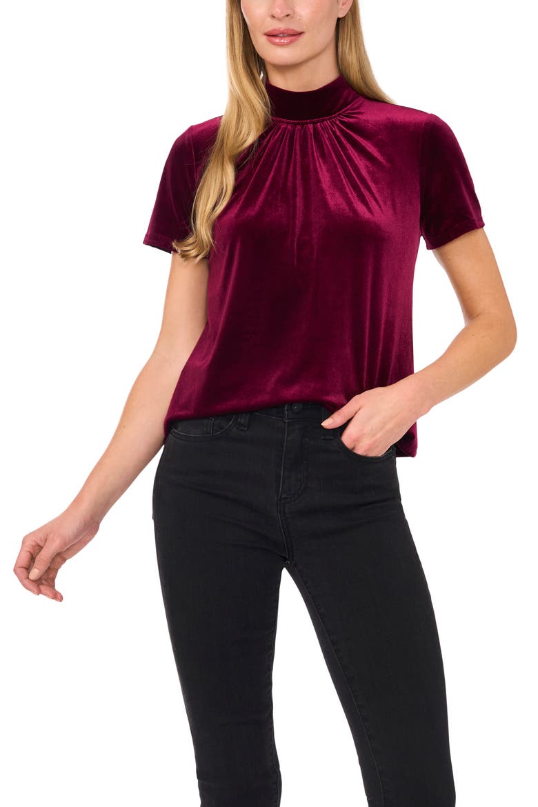 Mock Neck Cutout Stretch Velvet Top, Main, color, MAJESTIC WINE