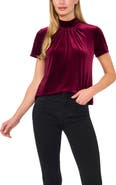 CeCe Mock Neck Cutout Stretch Velvet Top
