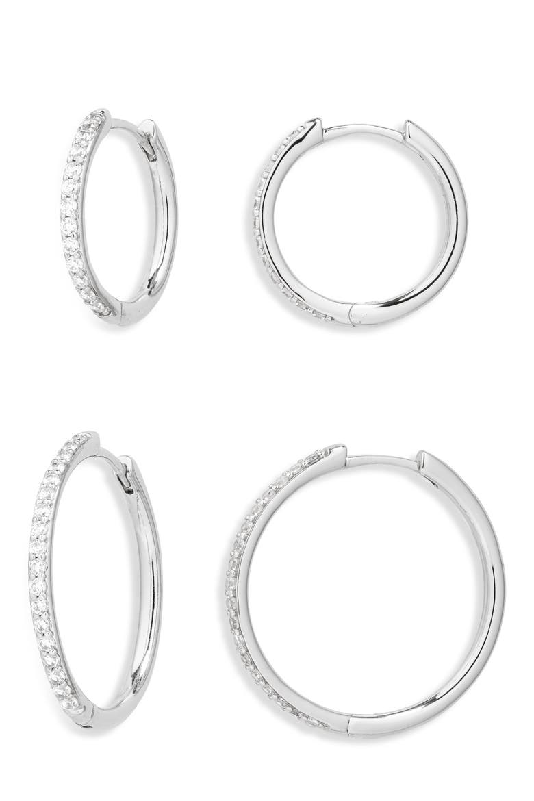 Set of 2 Cubic Zirconia Pavé Skinny Hoop Earrings, Main, color, CLEAR- SILVER