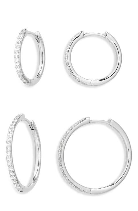 Set of 2 Cubic Zirconia Pavé Skinny Hoop Earrings