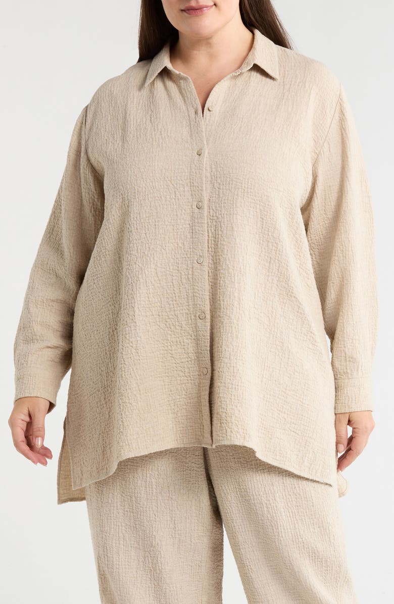 Eileen Fisher Long Crinkle Button-Up Top, Main, color, Dove