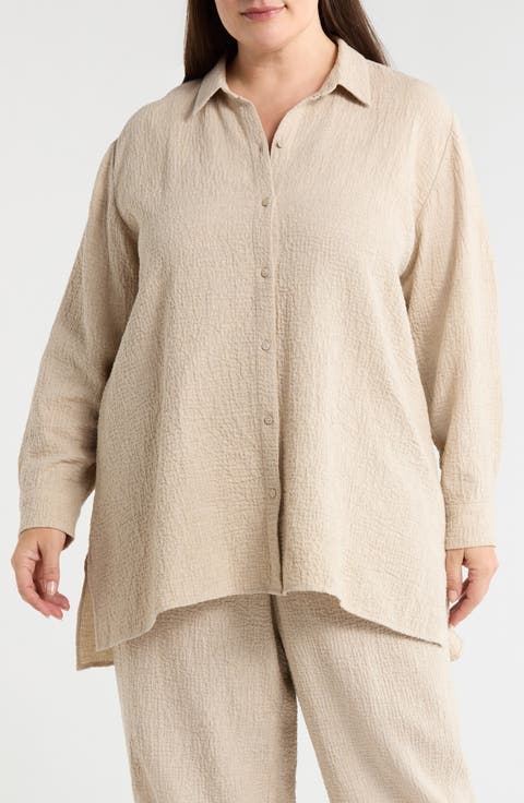 Long Crinkle Button-Up Top (Plus Size)