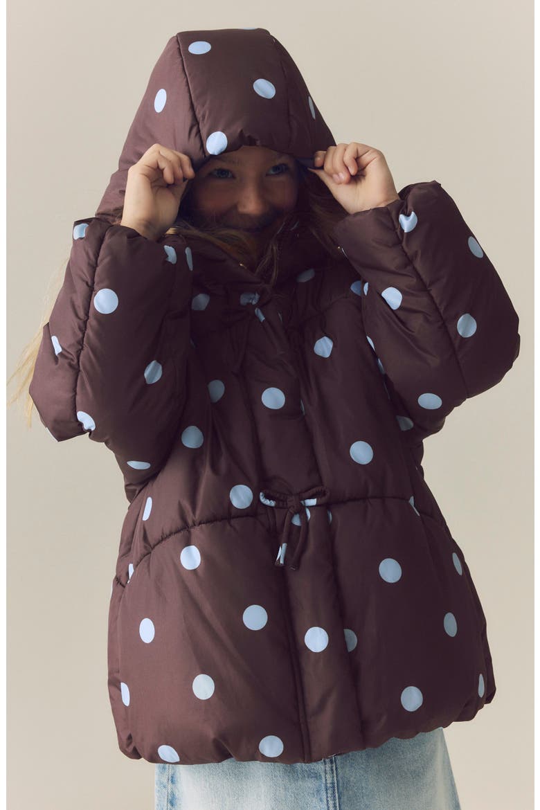 Kids' Polka Dot Puffer Coat, Alternate, color, BROWN