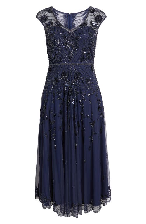 Pisarro Nights Beaded Sleeveless Chiffon Evening Dress In Navy