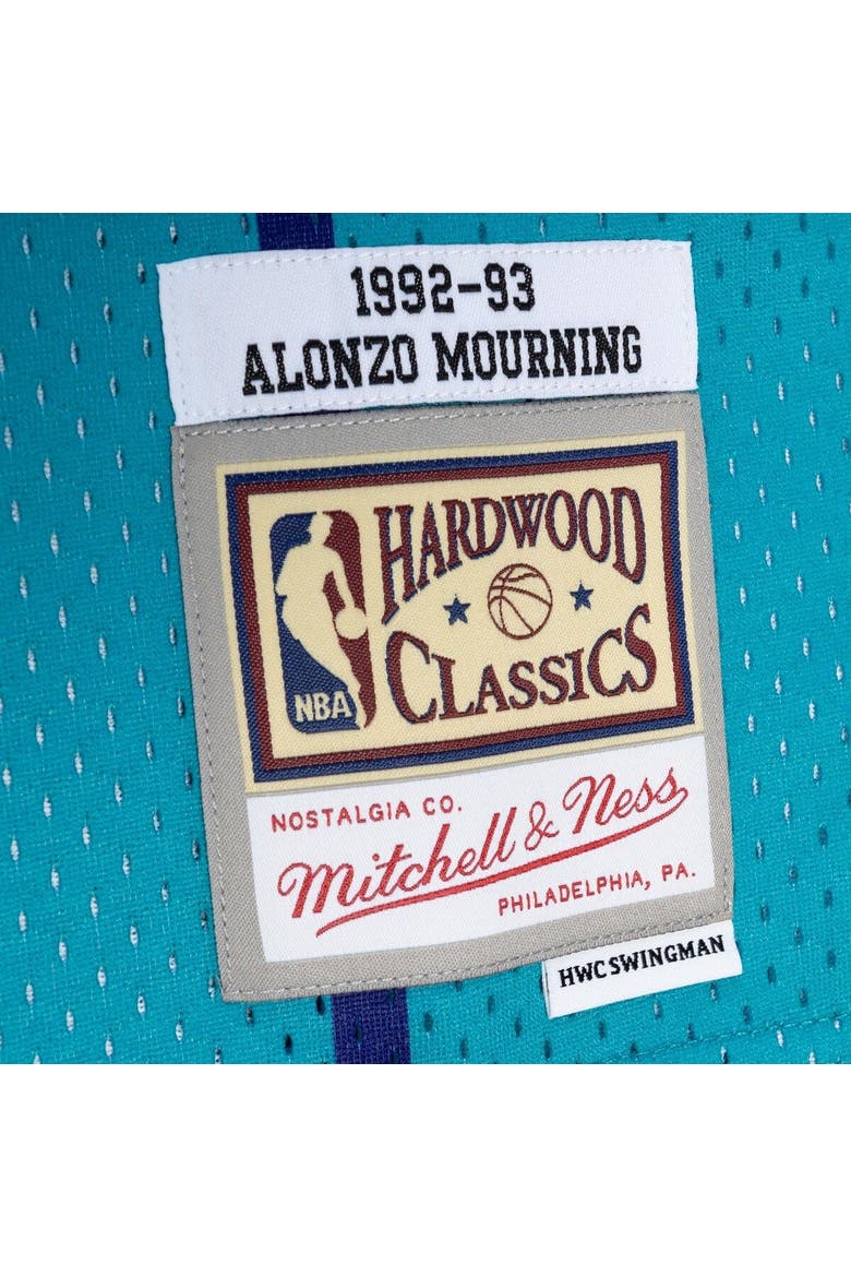Men's Mitchell & Ness Alonzo Mourning Teal/Purple Charlotte Hornets Hardwood Classics 1992/93 Split Swingman Jersey, Alternate, color, Teal