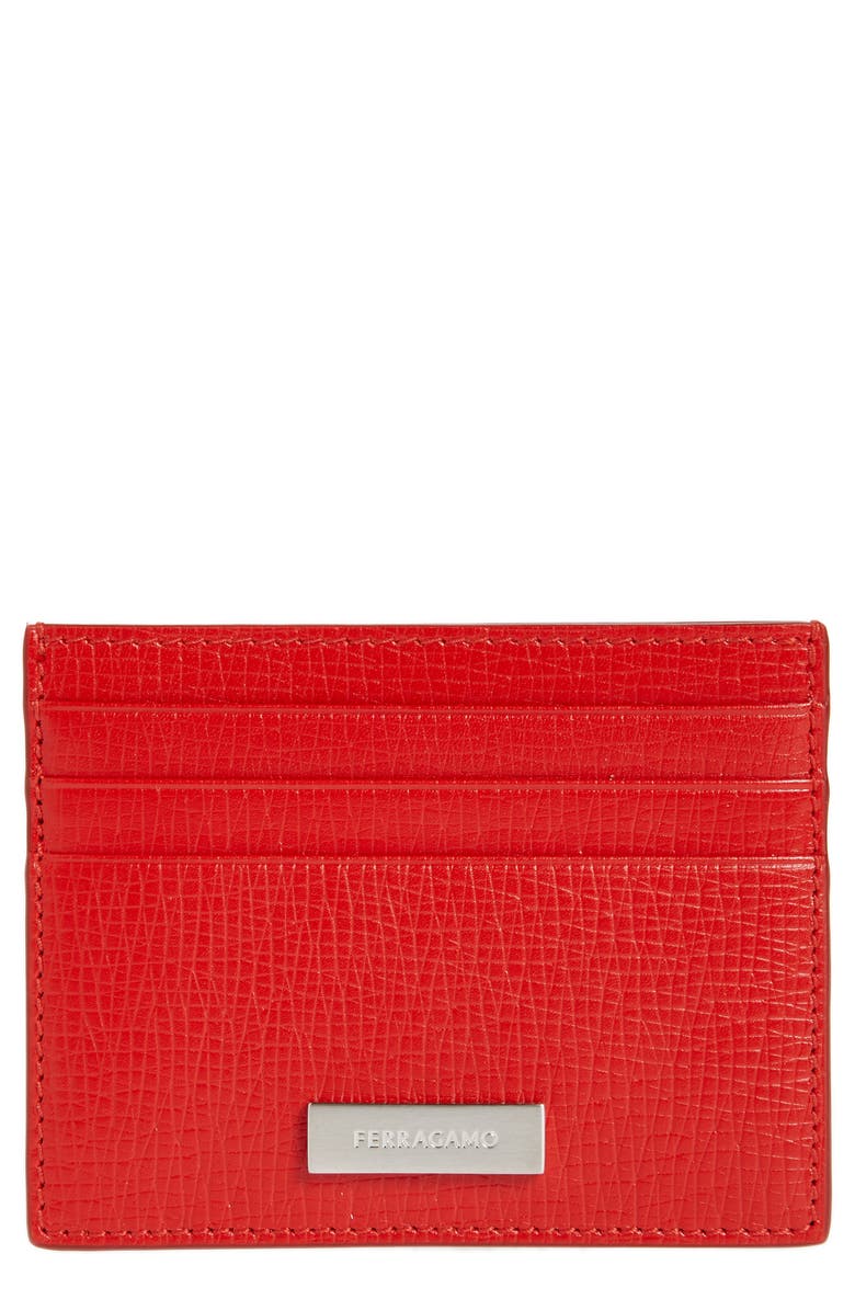 FERRAGAMO Lingotto New Revival Leather Card Case, Main, color, Flame Red Nero