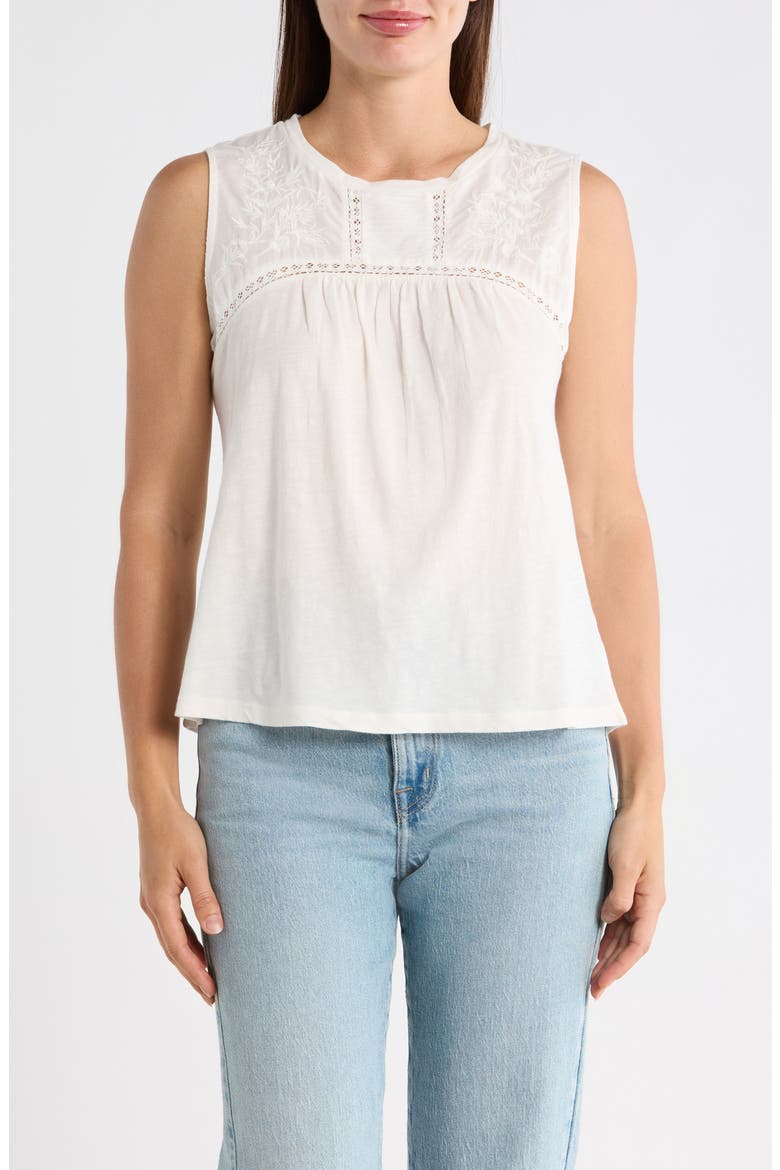 Embroidered Yoke Cotton Tank, Main, color, GARDENIA