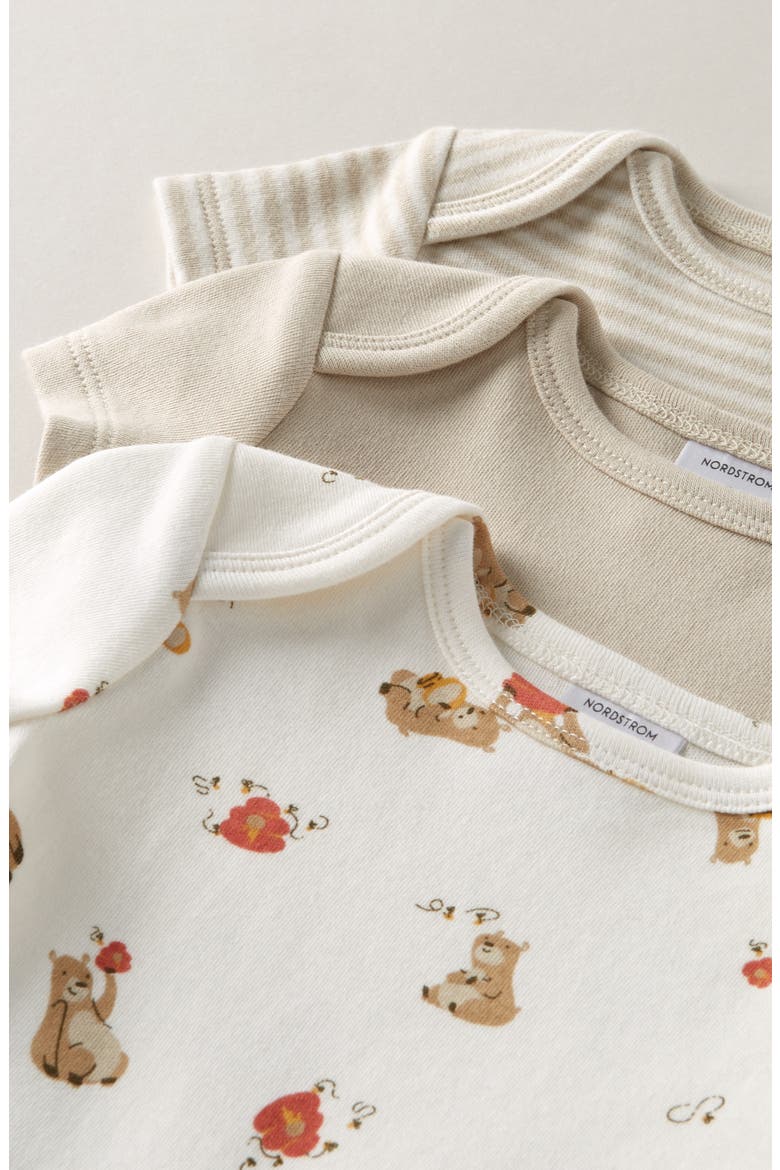 Assorted 3-Pack Cotton Bodysuits, Alternate, color, BEIGE OATMEAL HONEY BEAR SET