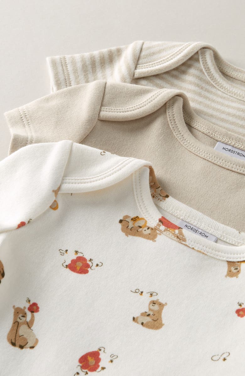 Nordstrom Assorted 3-Pack Cotton Bodysuits, Alternate, color, Beige Oatmeal Honey Bear Set