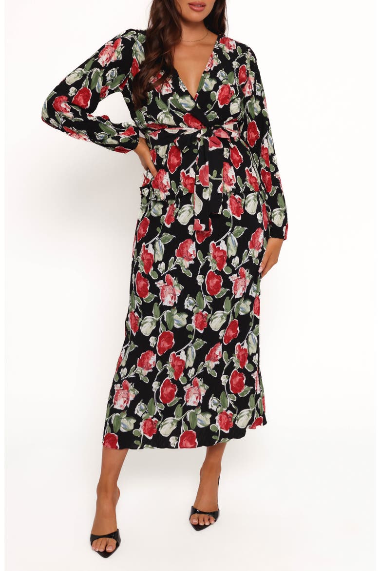 Minelli Floral Long Sleeve Faux Wrap Top, Main, color, BLACK ROSE