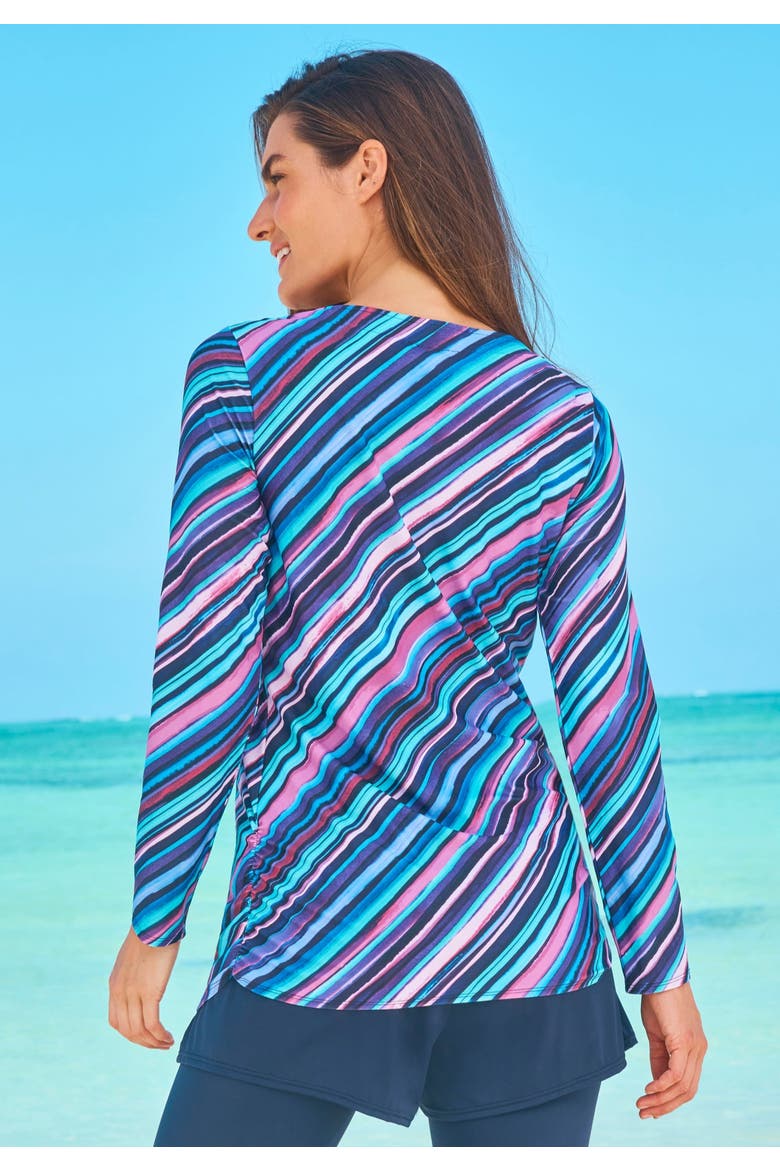 Split-Neck Long Sleeve Swim Tee With Built-In Bra, Alternate, color, NEON HIBISCUS