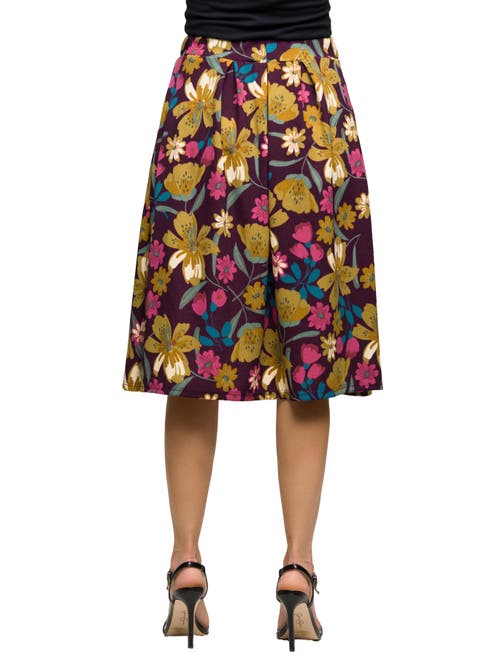 24seven Comfort Apparel Plus Size Purple Floral Elastic Waist Pocket Midi Skirt In Purple