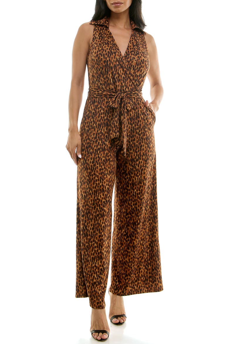Sleeveless Faux Wrap Jumpsuit, Main, color, COGNAC MULTI