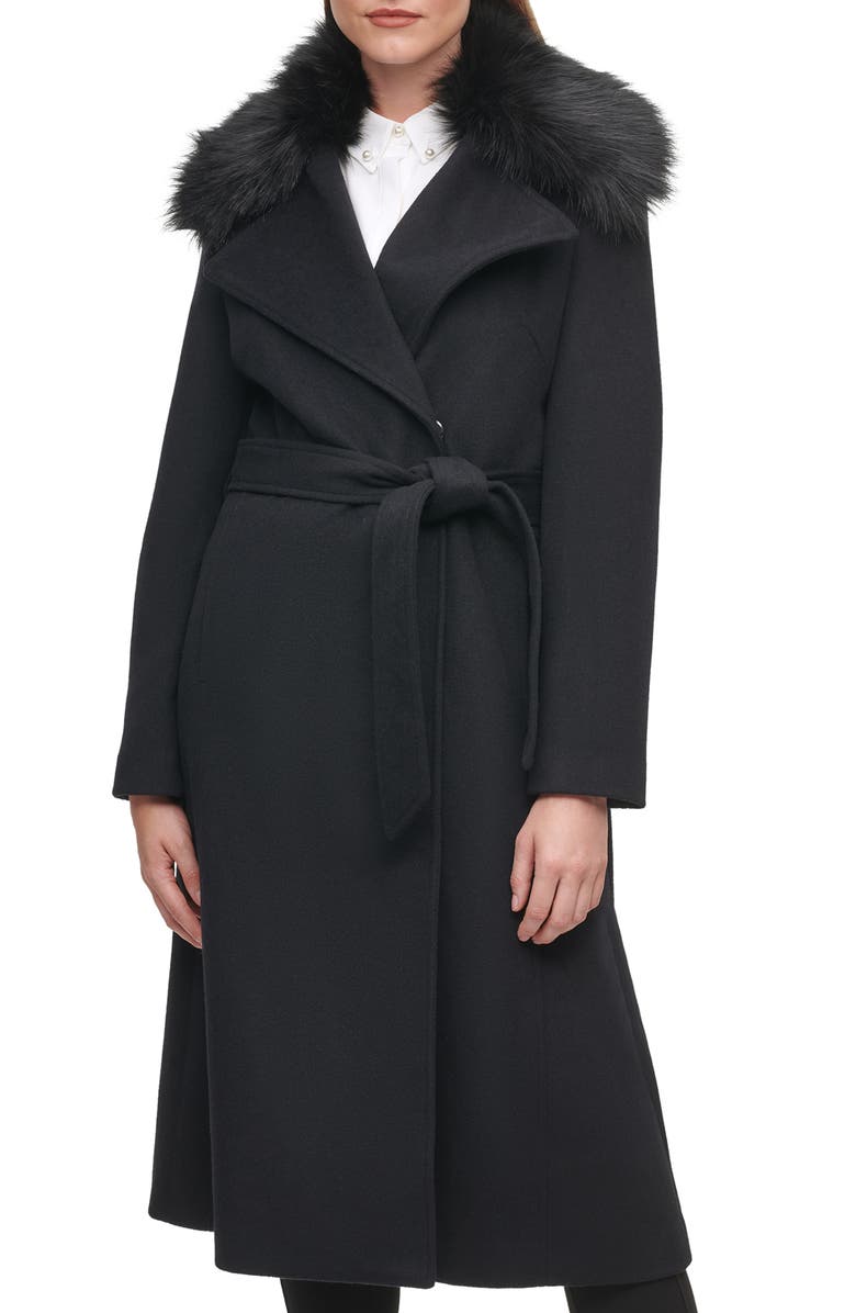 KARL LAGERFELD PARIS Belted Wool Blend Coat with Faux Fur Trim, Alternate, color, 