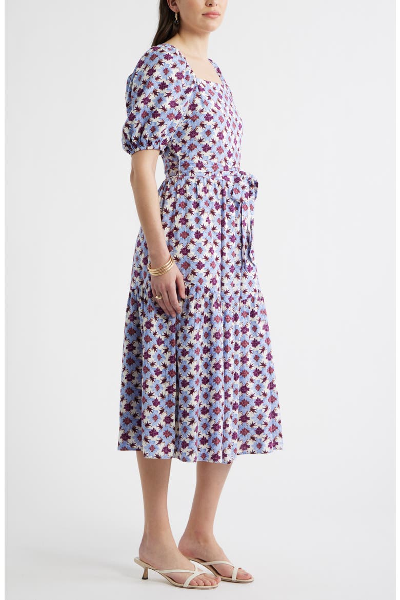 Puff Sleeve Linen Blend Midi Dress, Alternate, color, IVORY- PURPLE MILLIE TILE