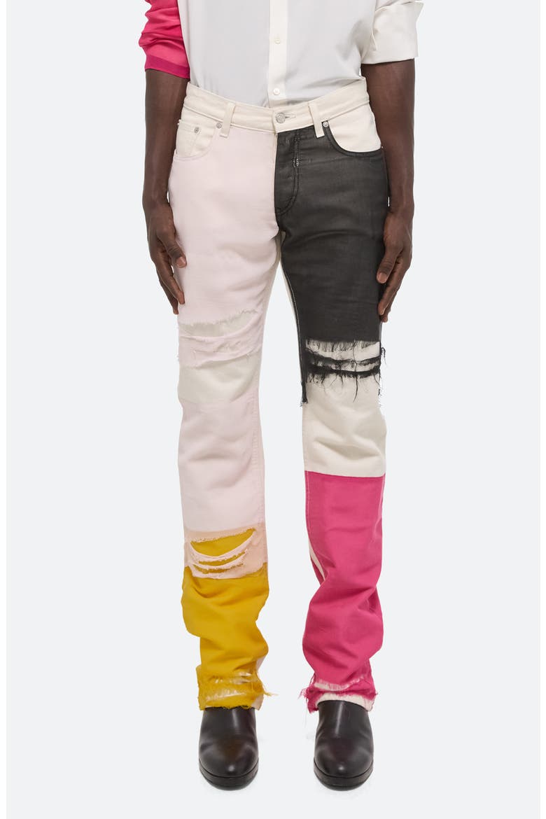 Helmut Lang Colorblock Distressed Silk Chiffon Panel Straight Leg Jeans ...