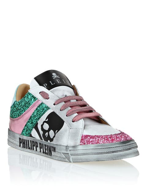 Leather Lo-Top Sneakers Skull With Crystals Women
