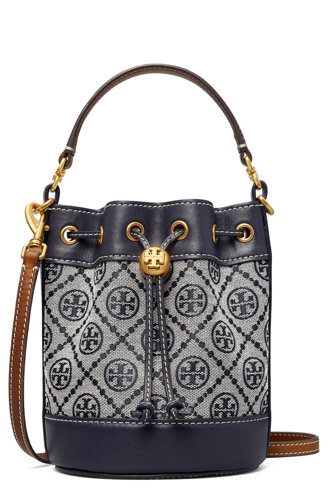 Mini T Monogram Bucket Bag, Main, color, TORY NAVY