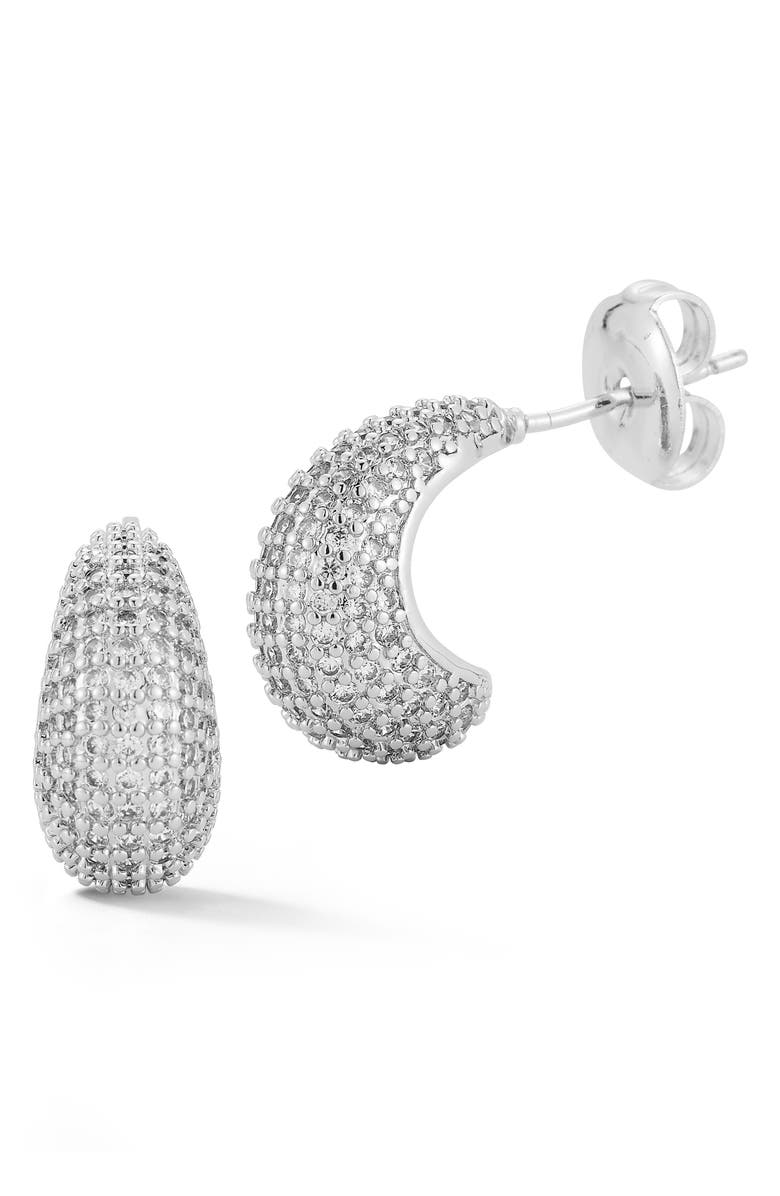 GLAZE JEWELRY Pavé Cubic Zirconia Huggie Hoop Earrings, Main, color, Silver