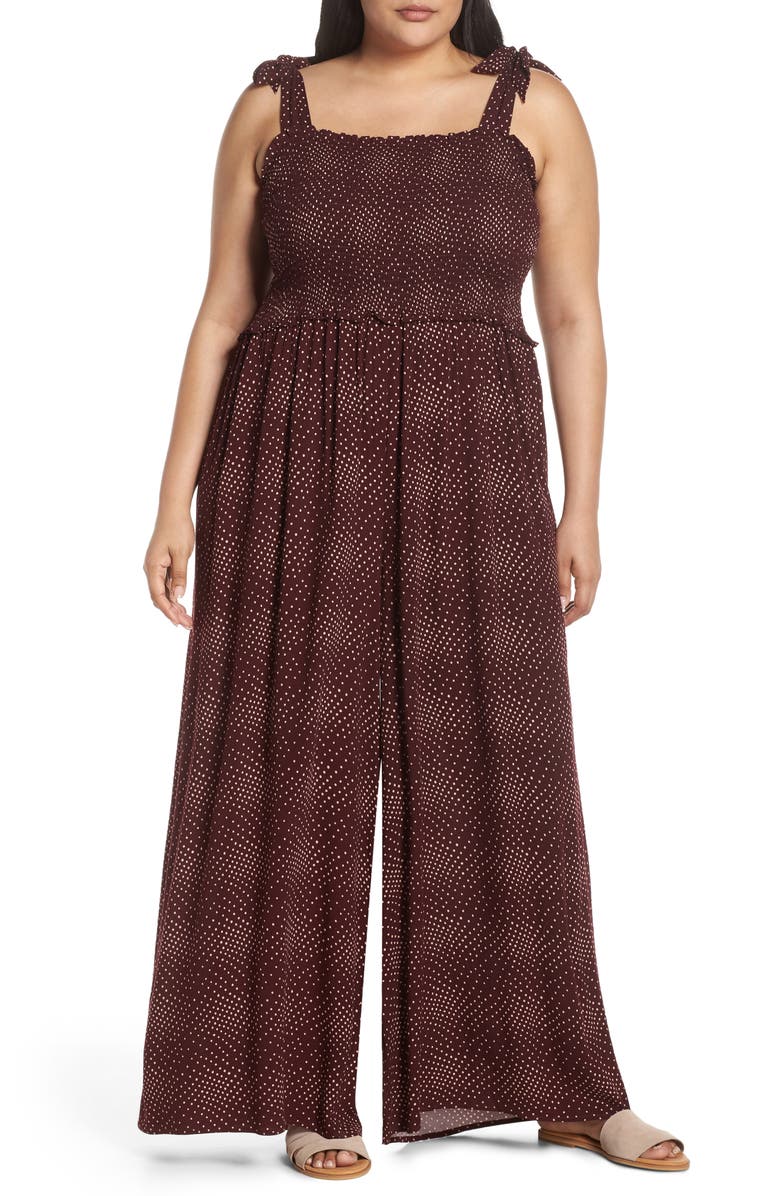 BP. Polka Dot Smocked Wide Leg Jumpsuit, Main, color, 