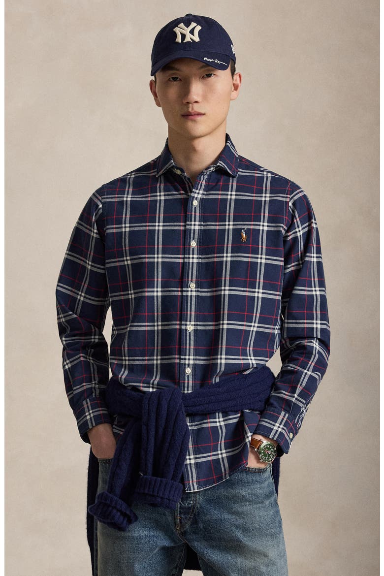 Plaid Long Sleeve Cotton Oxford Shirt, Alternate, color, NAVY/ RED