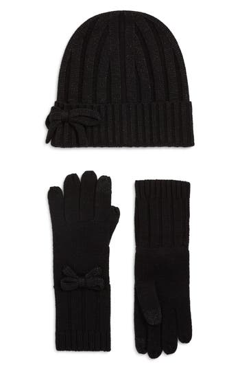 Kate Spade New York Metallic Knit Beanie & Gloves Box Set In Black