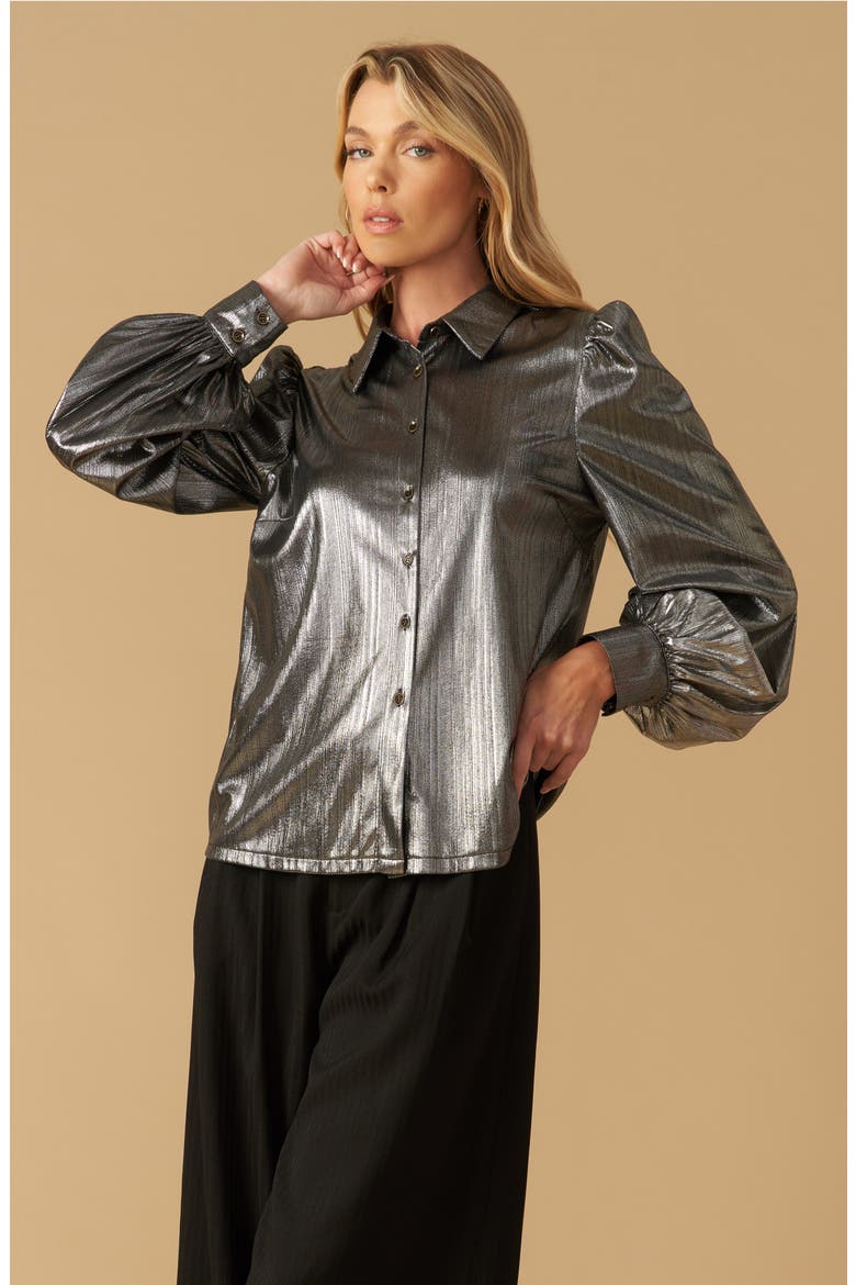 Foil Coated Button-Up Shirt, Alternate, color, SILVER