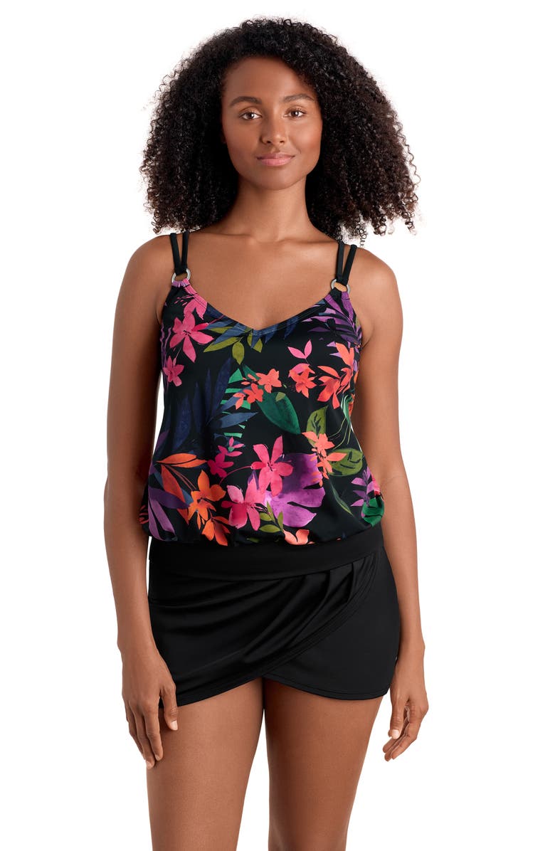 ShapeSolver V-Neck Blouson Ring Tankini Swimsuit Top, Main, color, Pretty Garden