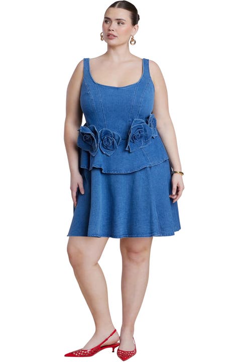 Denim Flower Applique Mini Dress (Plus)