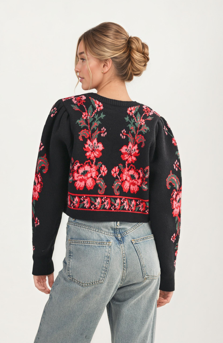 Knit and Lounge Floral Knit Tie-Front Puff-Sleeve Cardigan, Alternate, color, Black Floral