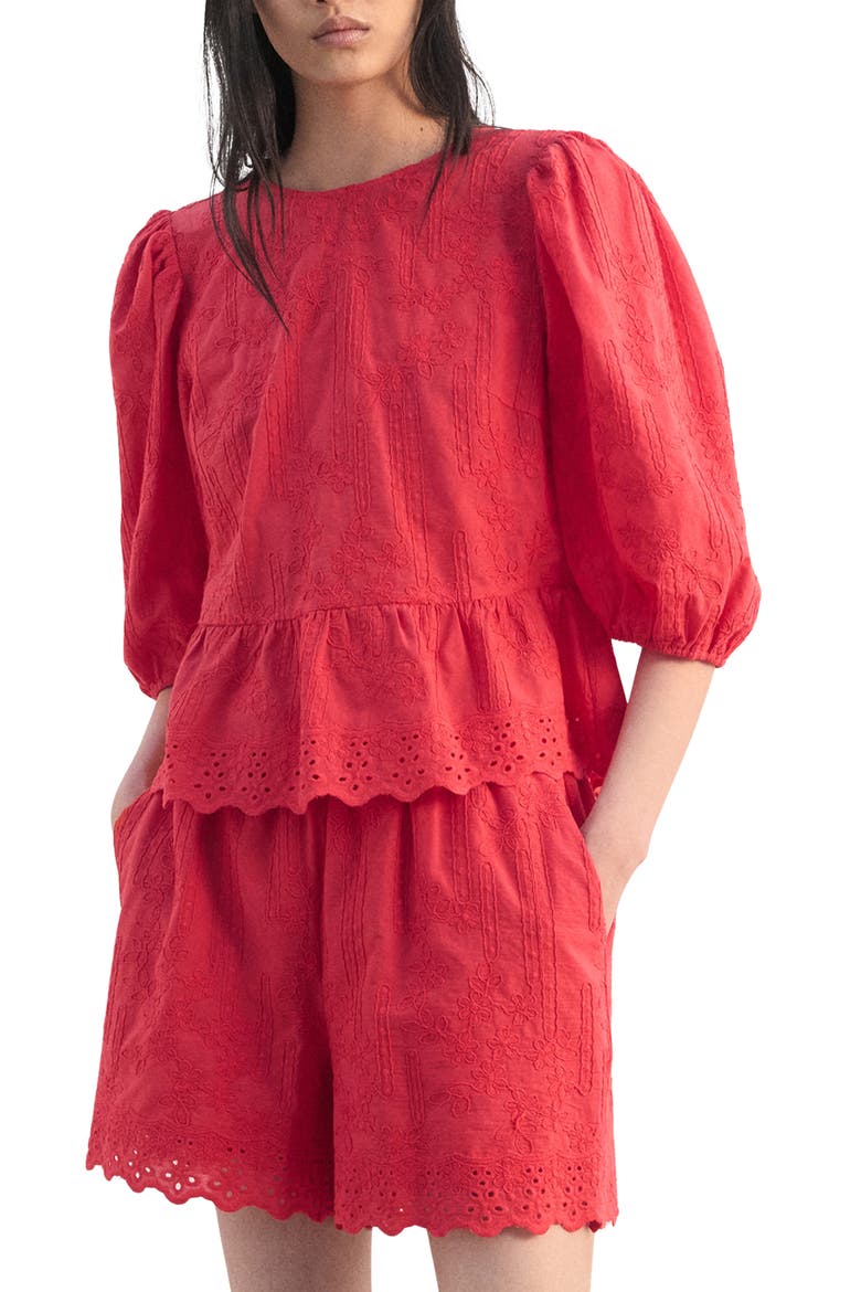 Floral Embroidered Cotton Peplum Top, Main, color, STRAWBERRY
