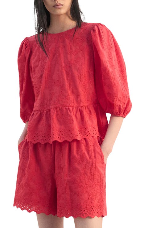 Floral Embroidered Cotton Peplum Top