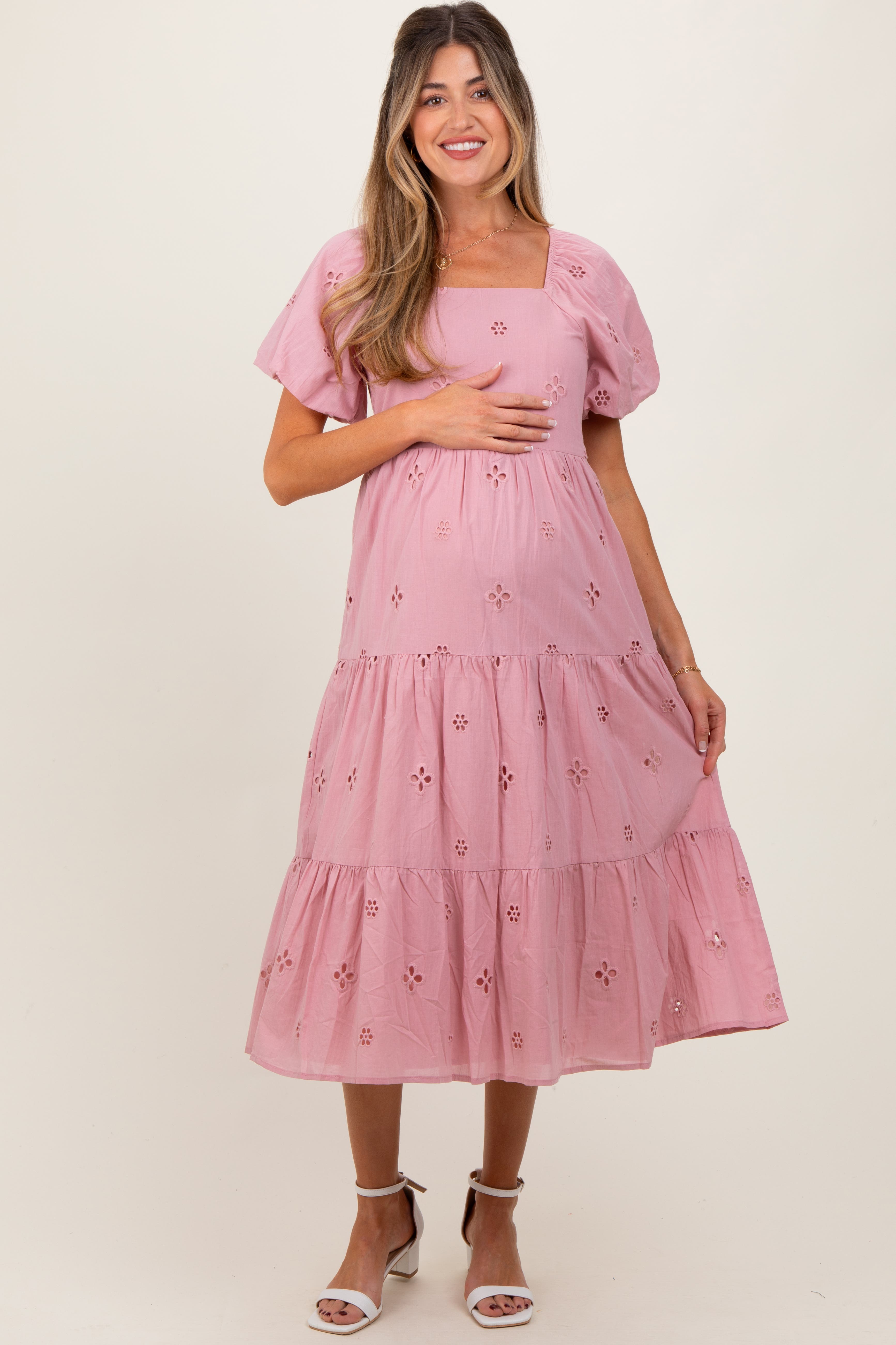 Eyelet Square Neck Midi Dress