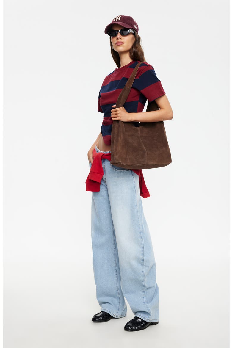In Transit Stripe Ruched Cotton Crop T-Shirt, Alternate, color, BURGUNDY STRIPE